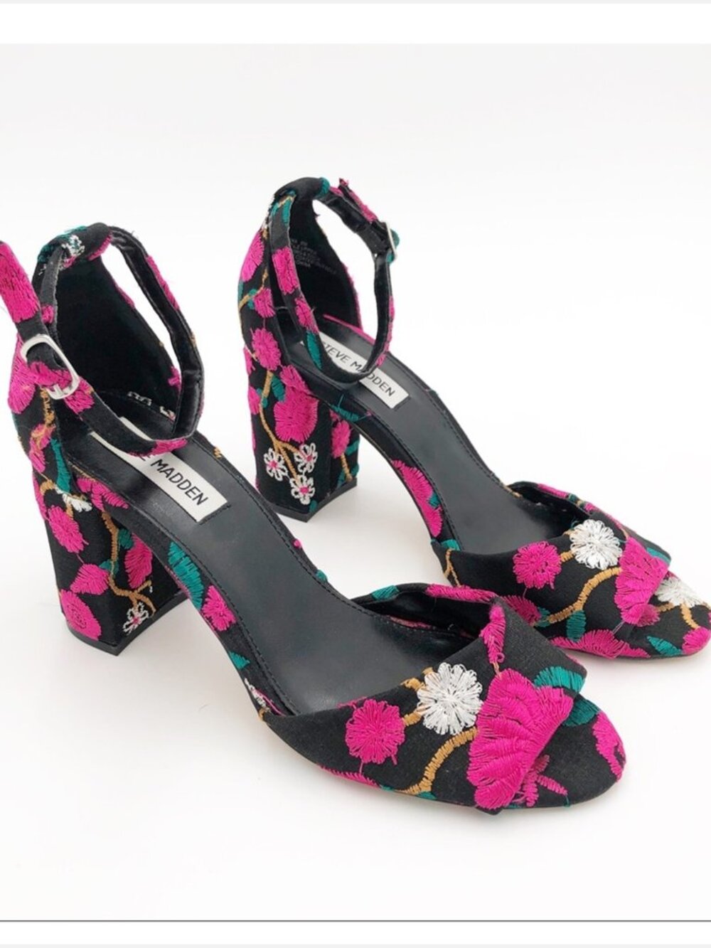 Steve Madden Mirna Black & Pink Embroidered Floral Block Heels Women US 8.5M